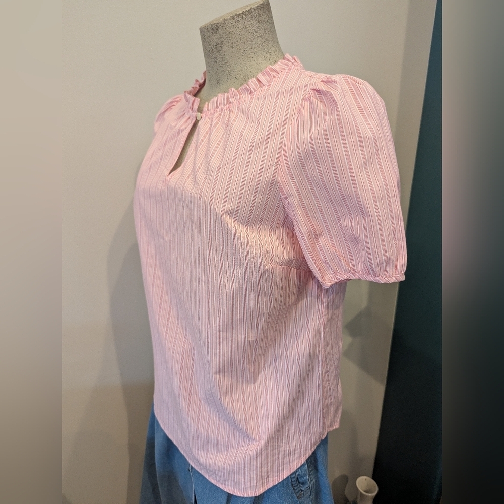Talbots Pink Puff Sleeve Blouse with Frill Collar-Size M Petite New With Tag - Picture 2 of 11